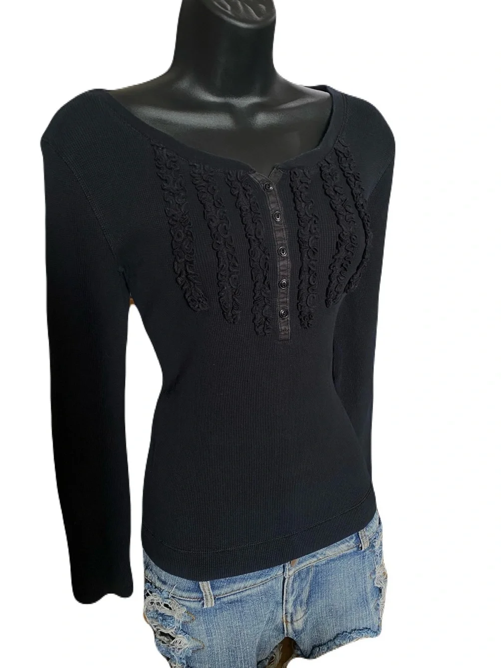 Y2k Ralph Lauren Black Waffle Knit Henley Top with Ruffles & Button Detail